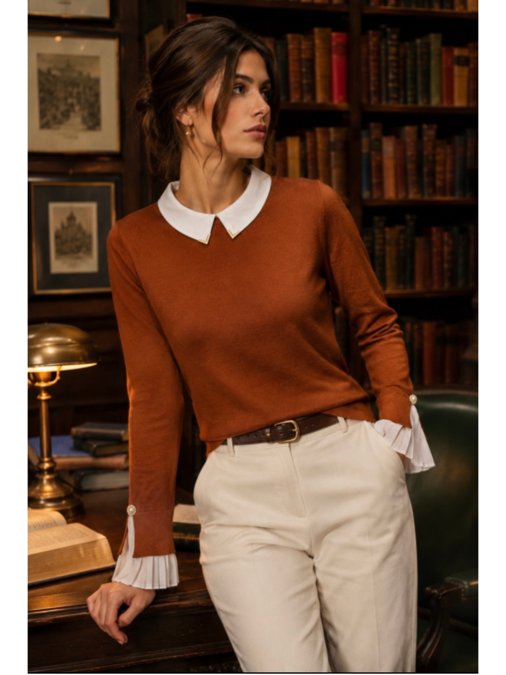 Rio & Rian Peter Pan Collar Knit Top Pleated Cuffs Cognac Brown Quiet Luxury Pre